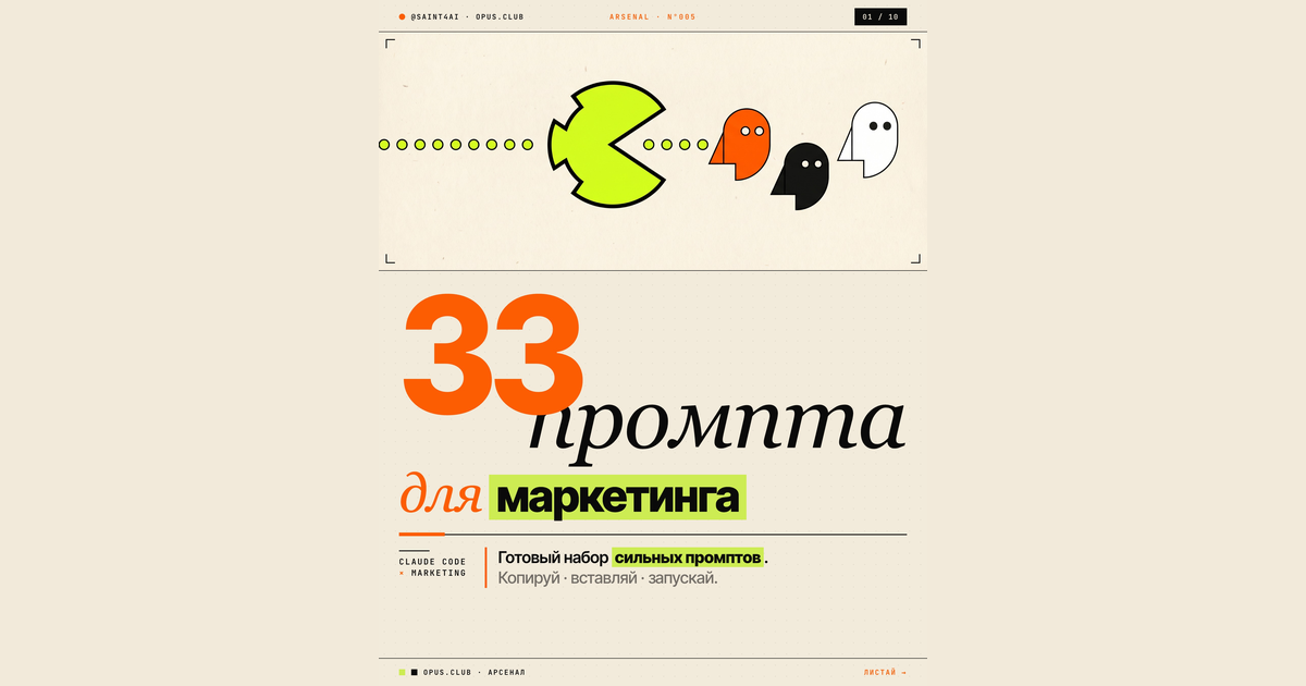 33 промпта Claude Code для маркетинга — Pac-Man hero на cream paper