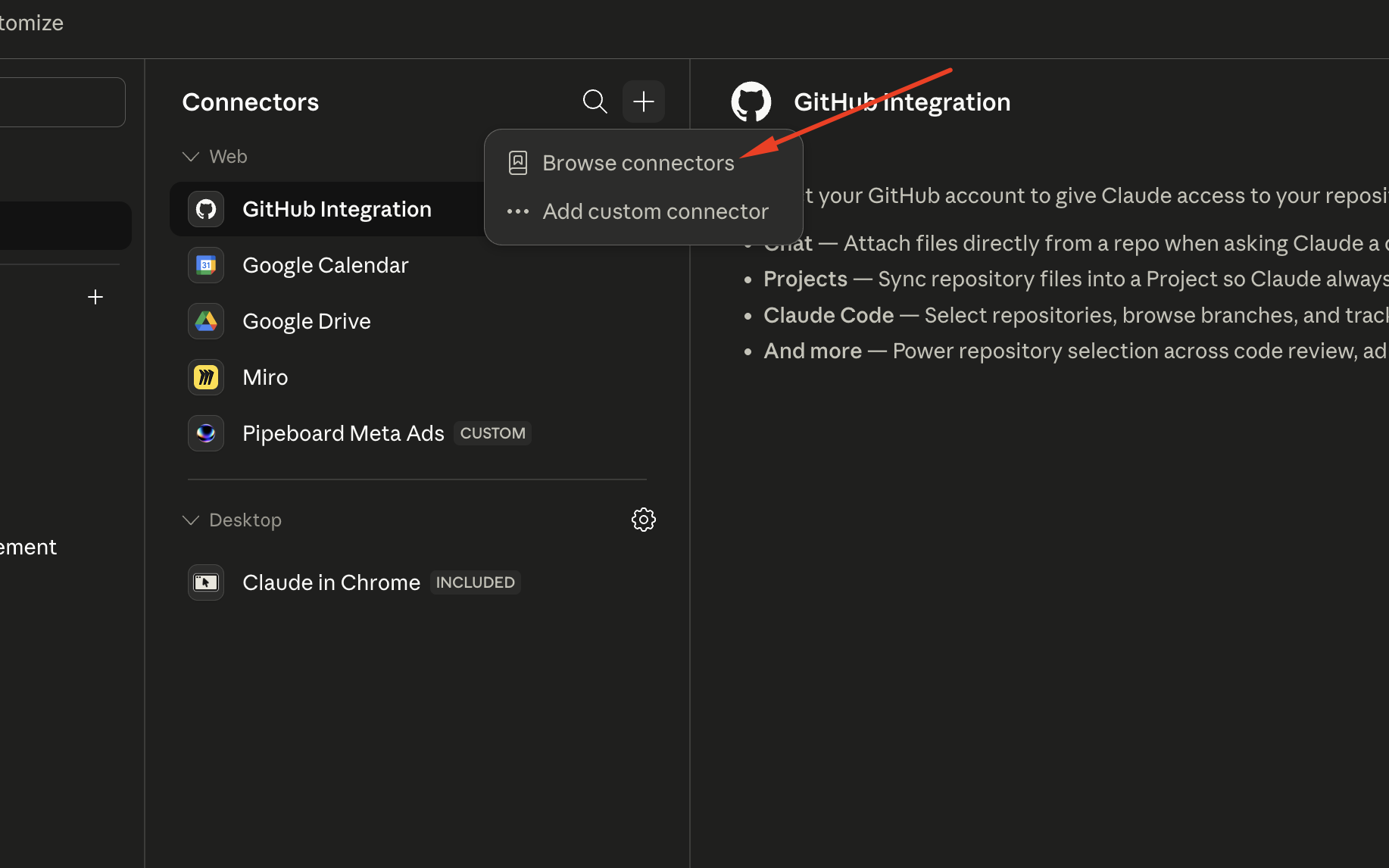 Dropdown с двумя пунктами: Browse connectors (подсвечен) и Add custom connector.