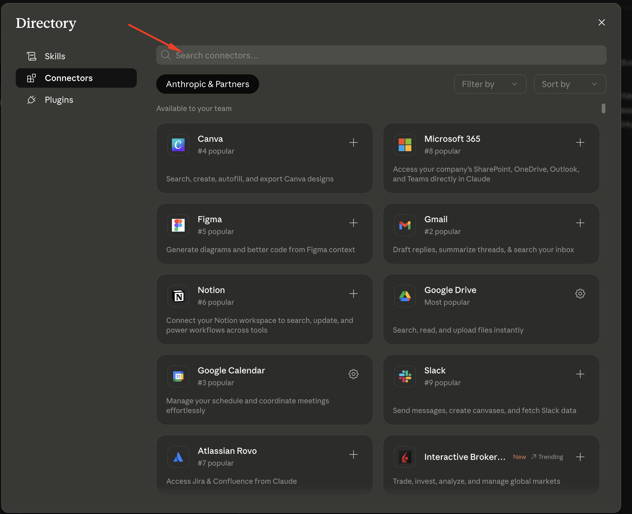 Directory в Claude: Canva, Figma, Notion, Google Calendar, Google Drive, Gmail, Slack — карточки сервисов с кнопками плюс.