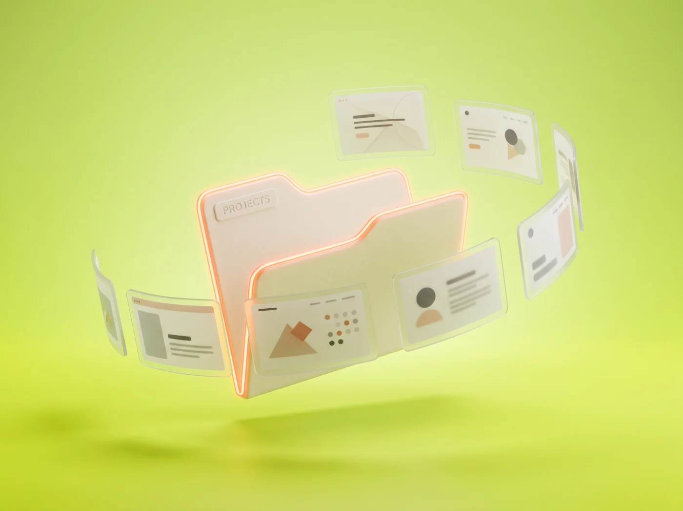 Lazyweb — премиум 3D мокап с папкой и floating UI скринами на лайм-фоне