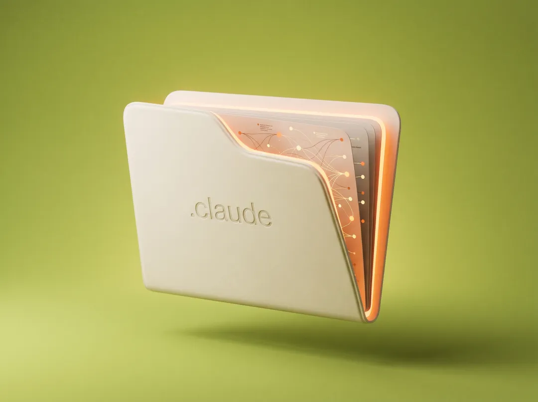 Анатомия .claude/ папки — премиум 3D-мокап оранжевая папка с надписью .claude на лайм-фоне